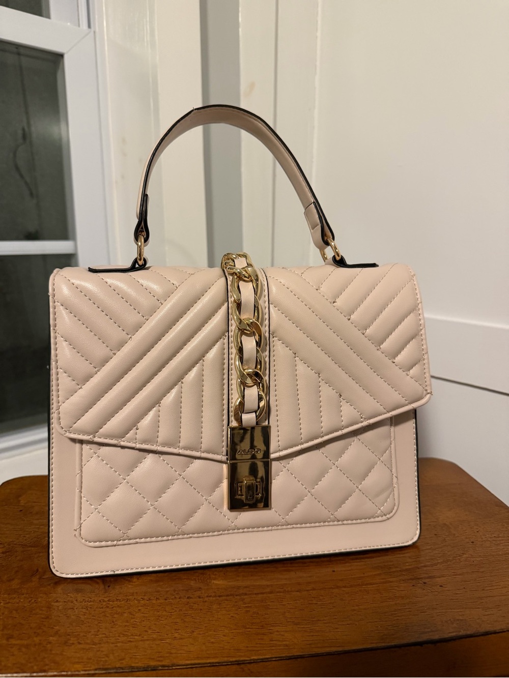 Aldo Quilted Pale Pink Top-Handle Satchel with Gold Chain
